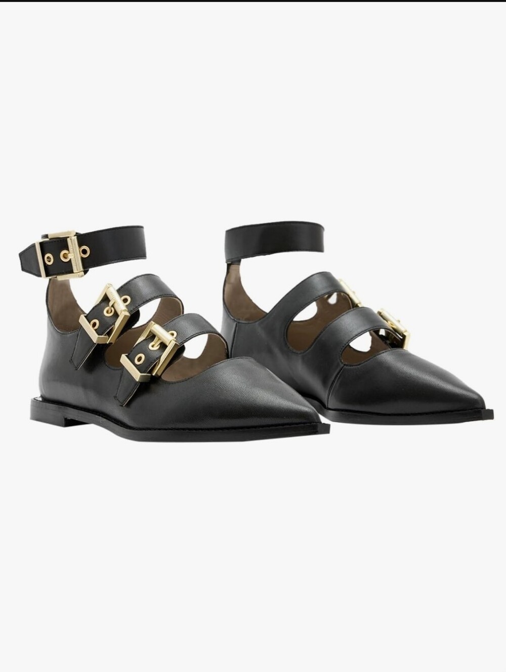 All Saints Mary Jane Buckle Flats Black Leather Women's 38/8 Brass Buckles